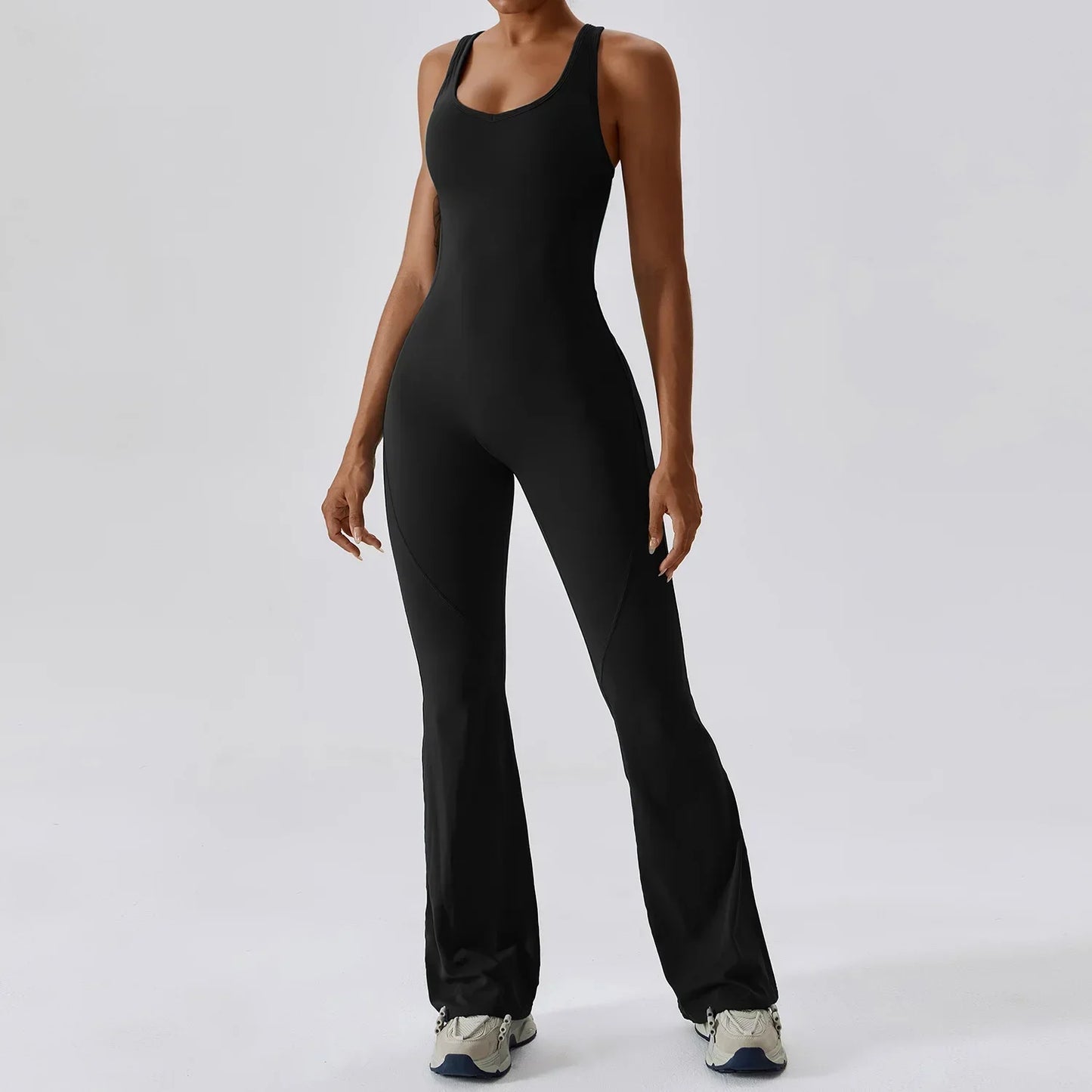 Flared Jumpsuit Women 2025 Fitness Gym Overalls for Women Sportswear Monos Largos Mujer Yoga Tracksuit Brown Khaki White Blue