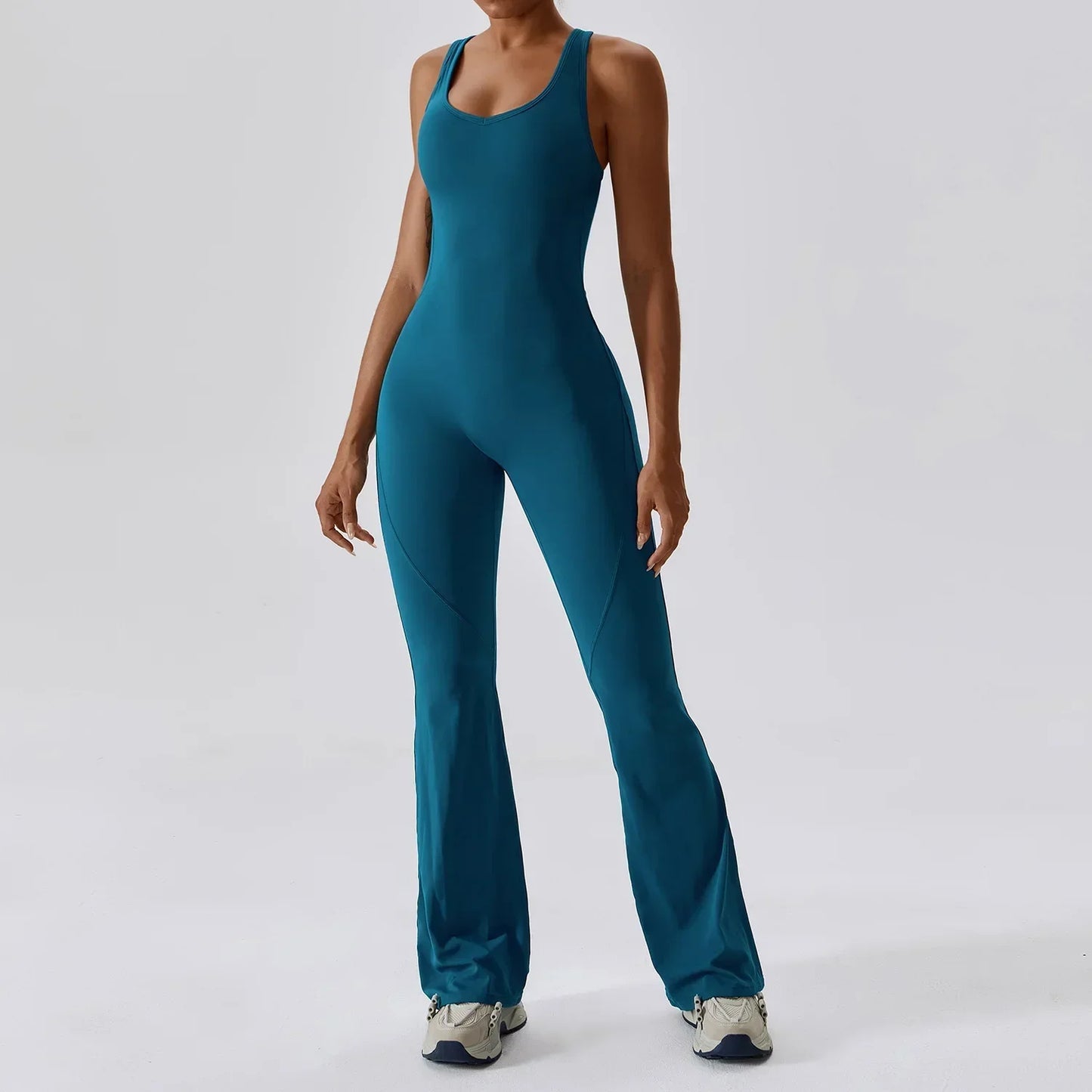 Flared Jumpsuit Women 2025 Fitness Gym Overalls for Women Sportswear Monos Largos Mujer Yoga Tracksuit Brown Khaki White Blue