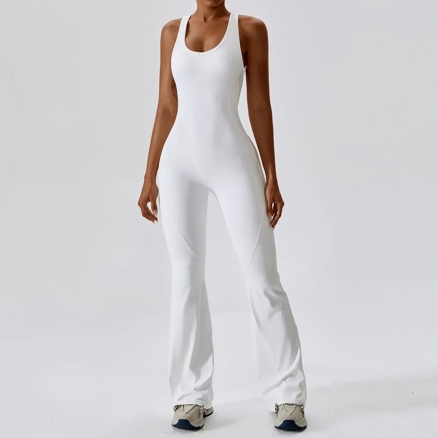 Flared Jumpsuit Women 2025 Fitness Gym Overalls for Women Sportswear Monos Largos Mujer Yoga Tracksuit Brown Khaki White Blue
