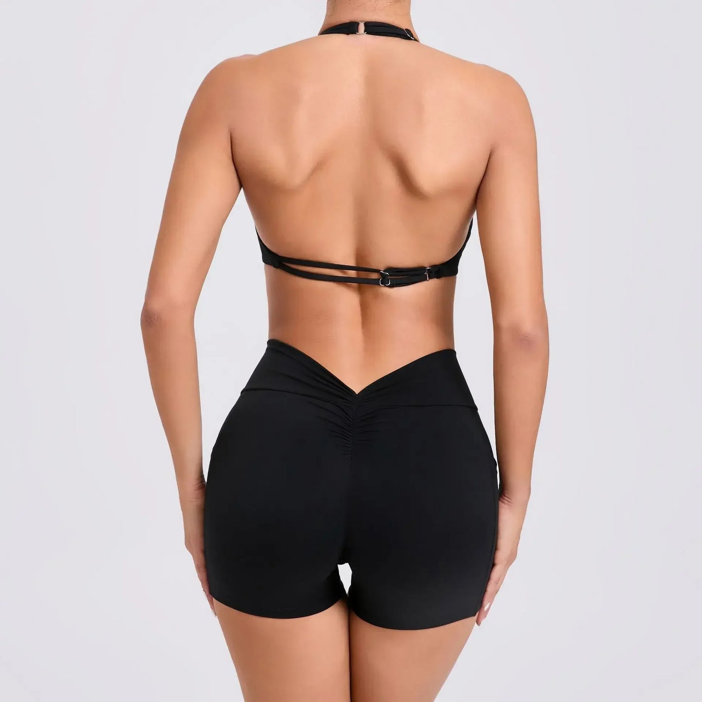 Sexy Backless Scrunch Sport Shorts Set with Pocket Women Gym Workout Clothes Yoga Training Suit for Fitness Sportswear Red Black