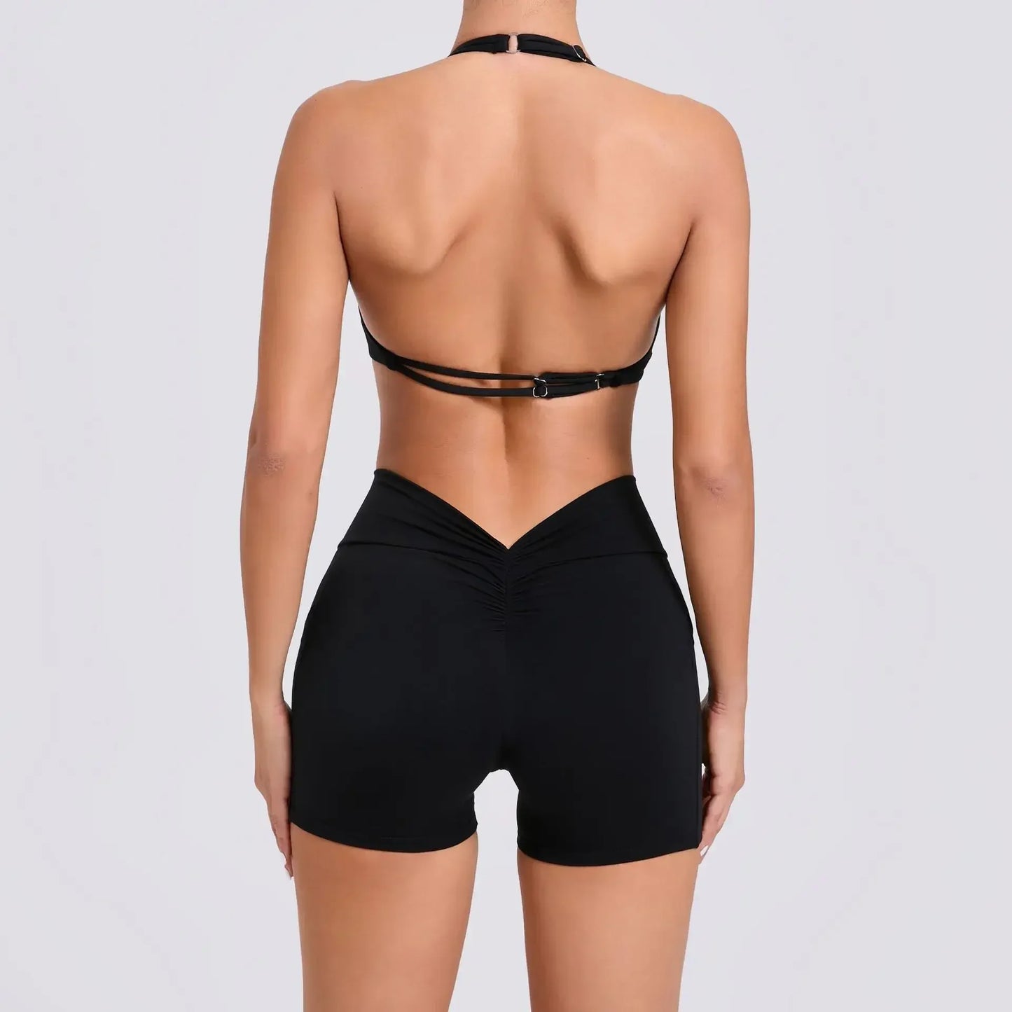 Sexy Backless Scrunch Sport Shorts Set with Pocket Women Gym Workout Clothes Yoga Training Suit for Fitness Sportswear Red Black