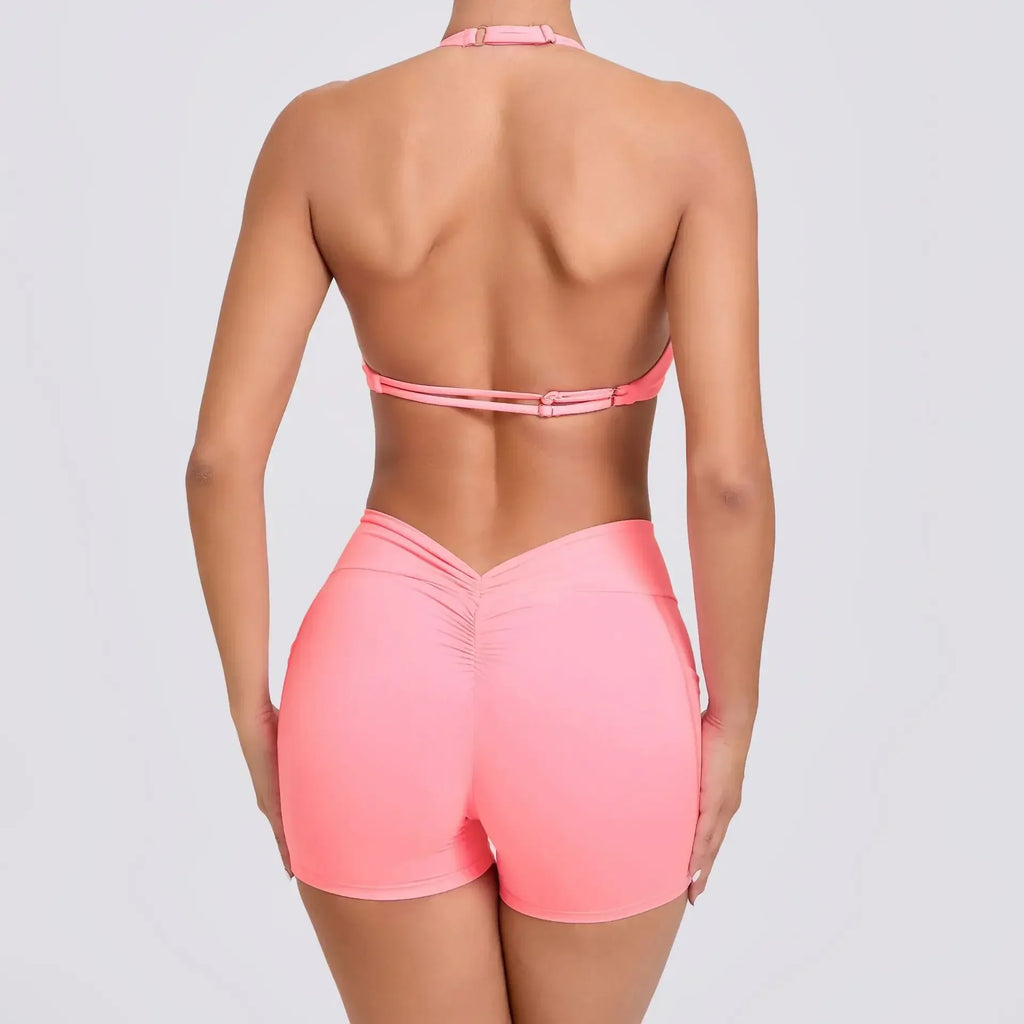 Sexy Backless Scrunch Sport Shorts Set with Pocket Women Gym Workout Clothes Yoga Training Suit for Fitness Sportswear Red Black