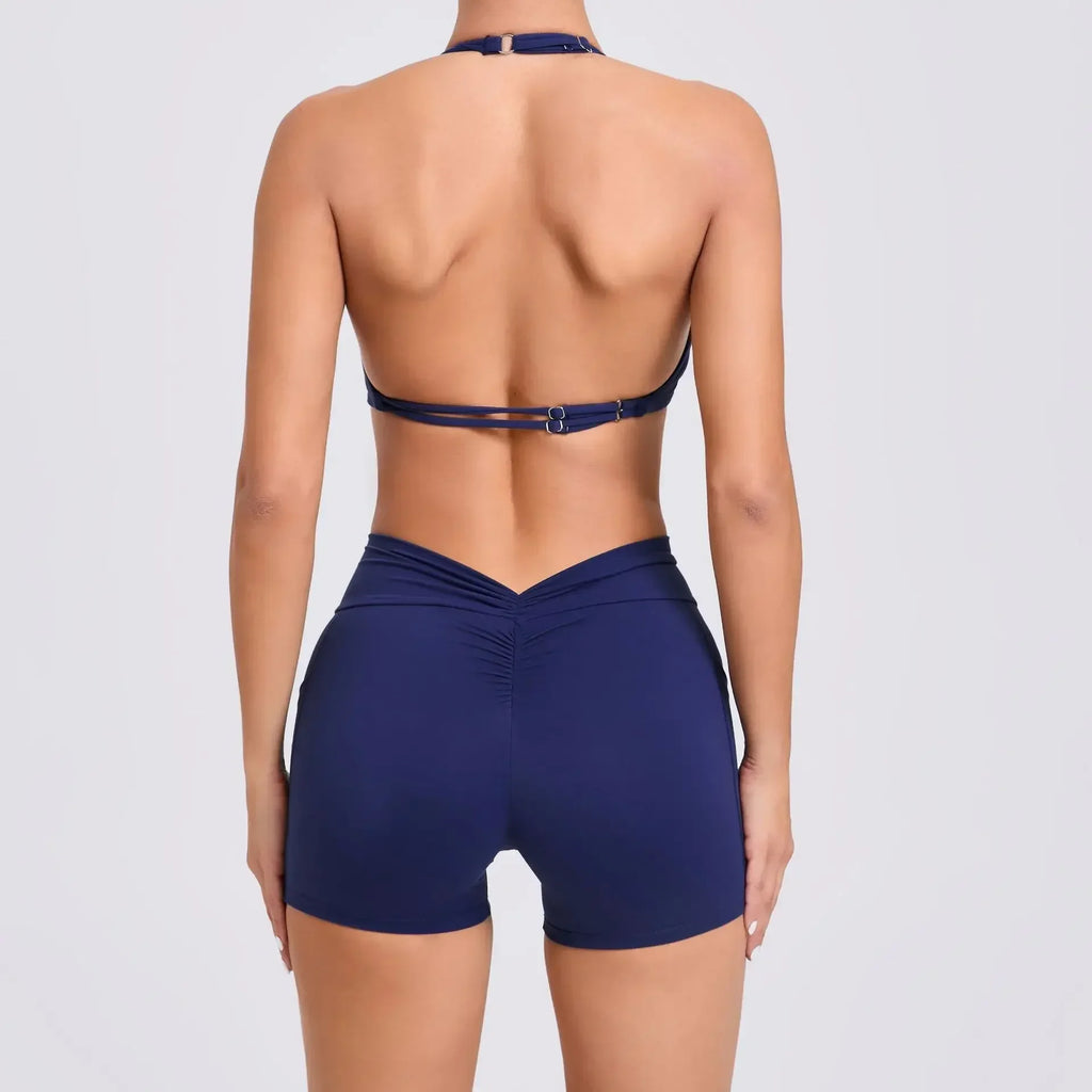 Sexy Backless Scrunch Sport Shorts Set with Pocket Women Gym Workout Clothes Yoga Training Suit for Fitness Sportswear Red Black
