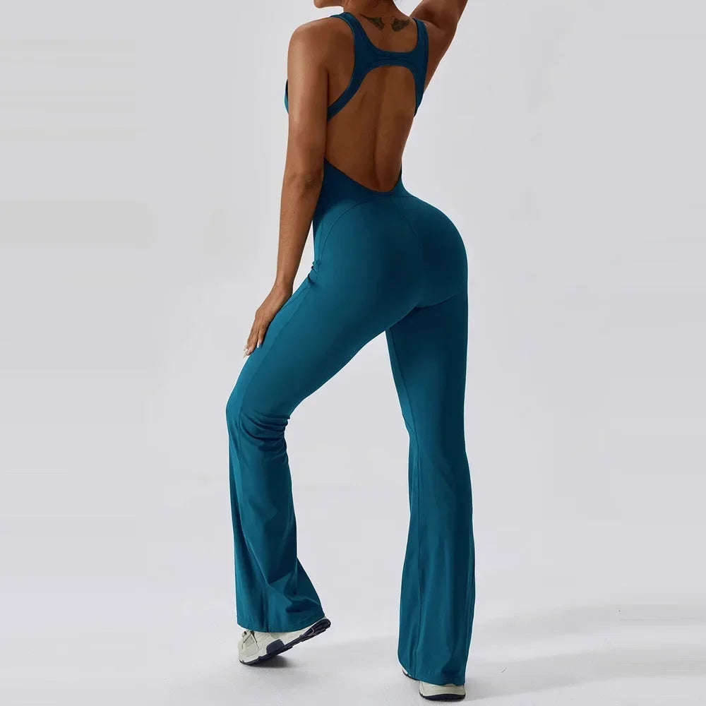 Flared Jumpsuit Women 2025 Fitness Gym Overalls for Women Sportswear Monos Largos Mujer Yoga Tracksuit Brown Khaki White Blue