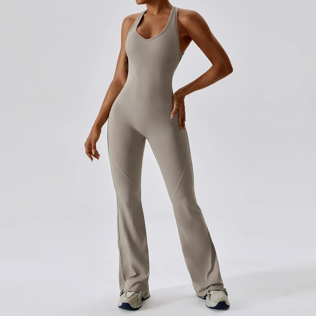 Flared Jumpsuit Women 2025 Fitness Gym Overalls for Women Sportswear Monos Largos Mujer Yoga Tracksuit Brown Khaki White Blue