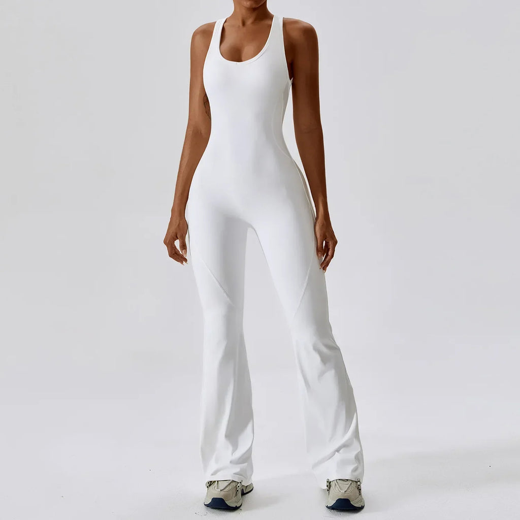 Flared Jumpsuit Women 2025 Fitness Gym Overalls for Women Sportswear Monos Largos Mujer Yoga Tracksuit Brown Khaki White Blue