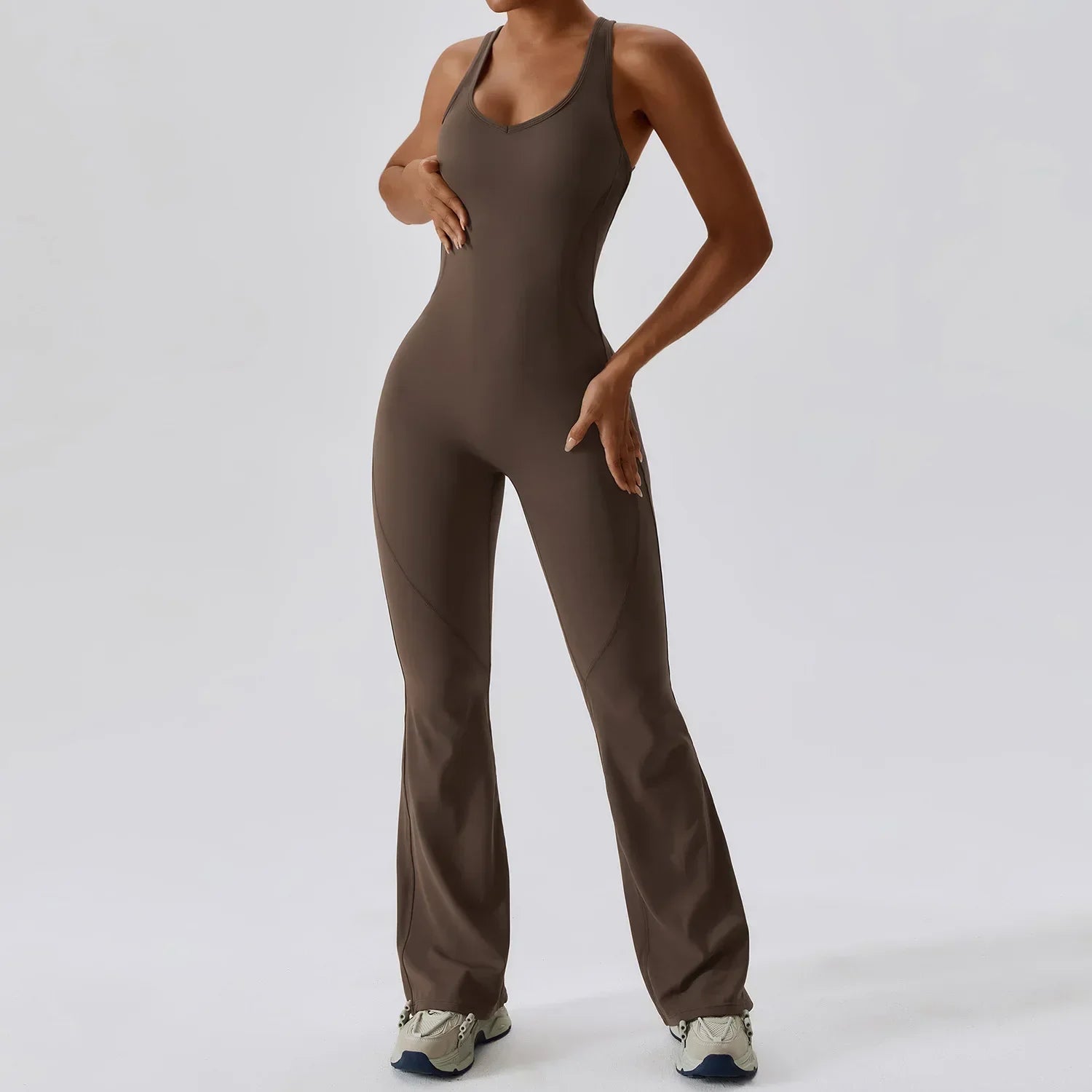 Flared Jumpsuit Women 2025 Fitness Gym Overalls for Women Sportswear Monos Largos Mujer Yoga Tracksuit Brown Khaki White Blue