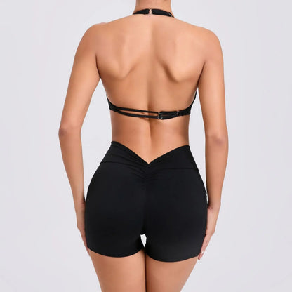 Sexy Backless Scrunch Sport Shorts Set with Pocket Women Gym Workout Clothes Yoga Training Suit for Fitness Sportswear Red Black
