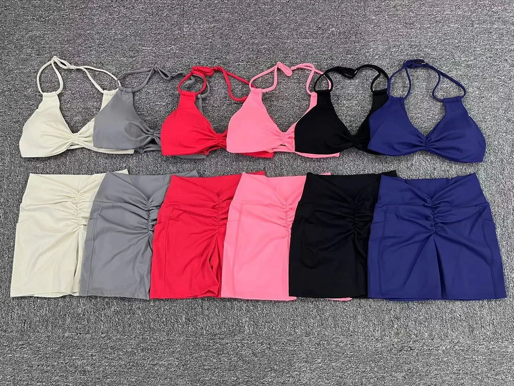 Sexy Backless Scrunch Sport Shorts Set with Pocket Women Gym Workout Clothes Yoga Training Suit for Fitness Sportswear Red Black